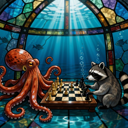Boogu Image Turbo, octopus vs. raccoon chess prompt