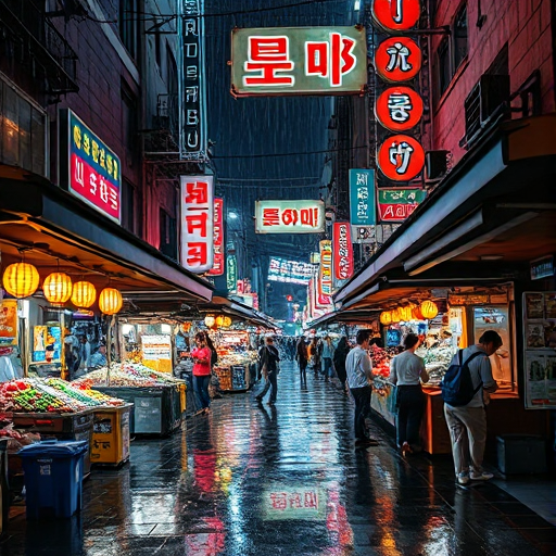FLUX.1 schnell (q4), Seoul cyberpunk night market prompt