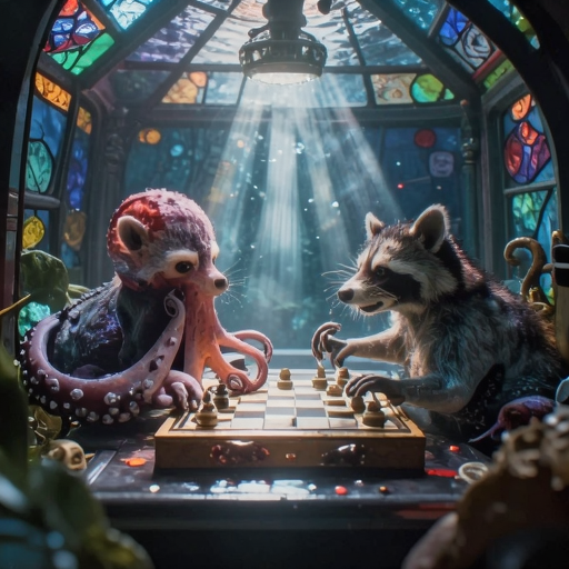 Lens, octopus vs. raccoon chess prompt