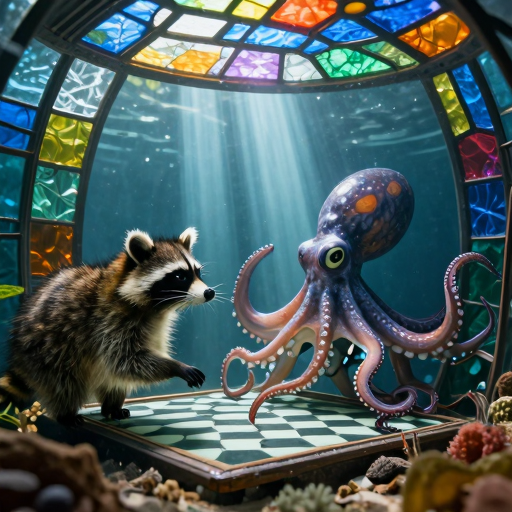Z-Image Turbo, octopus vs. raccoon chess prompt