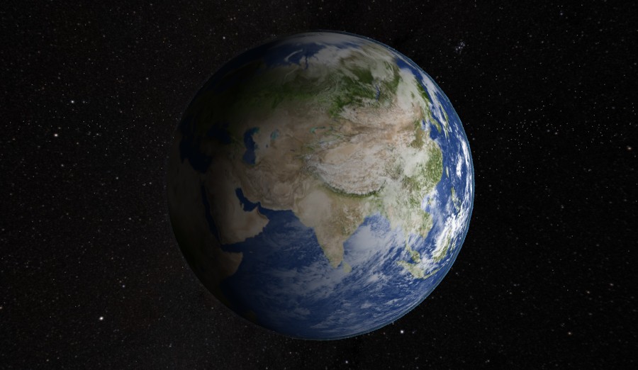 A close, brightly sunlit view of Earth in Orrery's True Scale mode, showing continents and cloud cover in full daylight