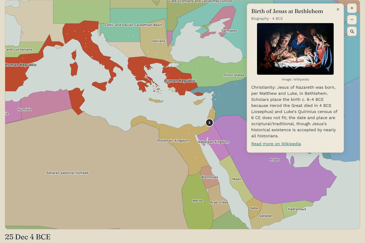 World History at 4 BCE: the eastern Mediterranean and Middle East with the Birth of Jesus at Bethlehem selected