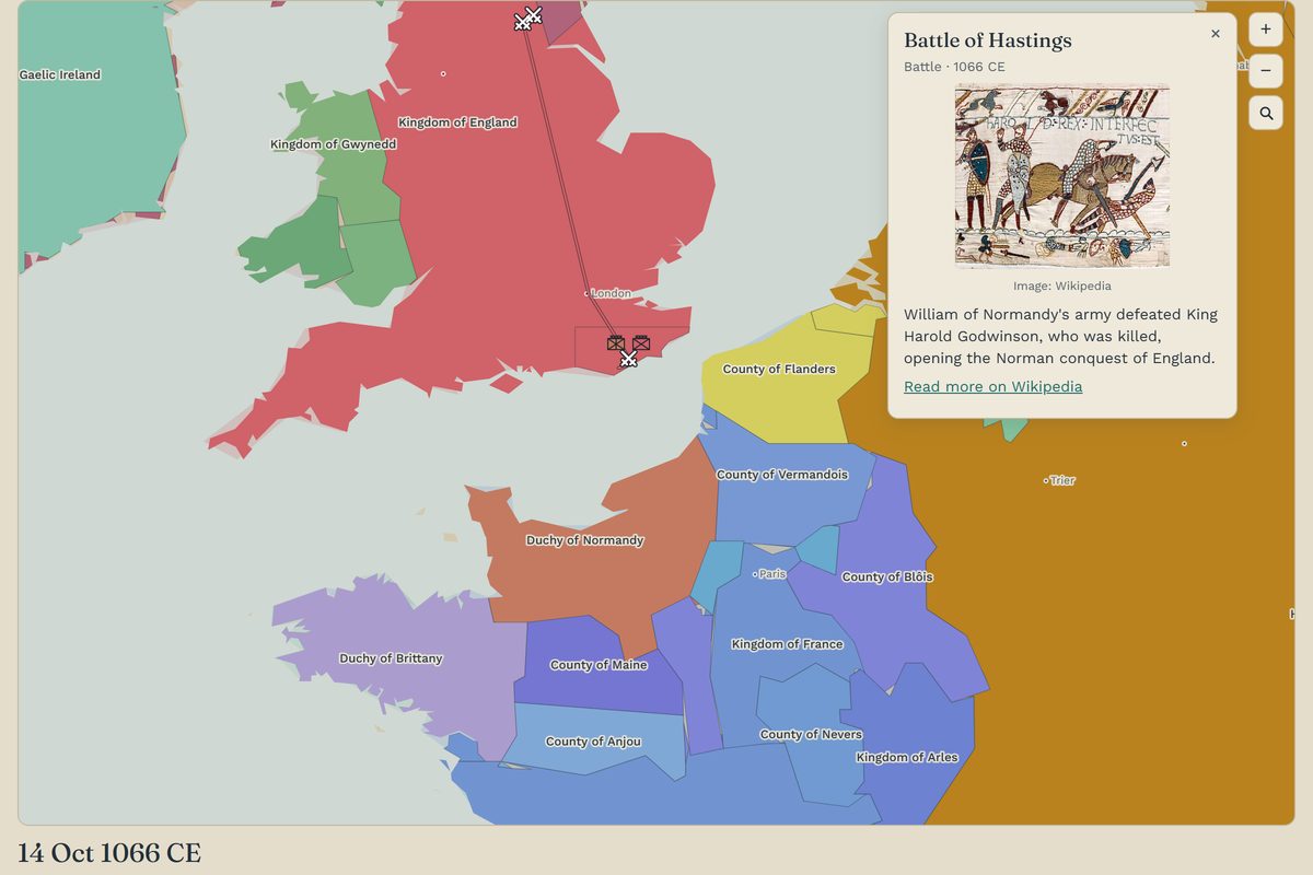 World History at 14 October 1066: England, Normandy and northern France with the Battle of Hastings selected and its Bayeux Tapestry image in the popup