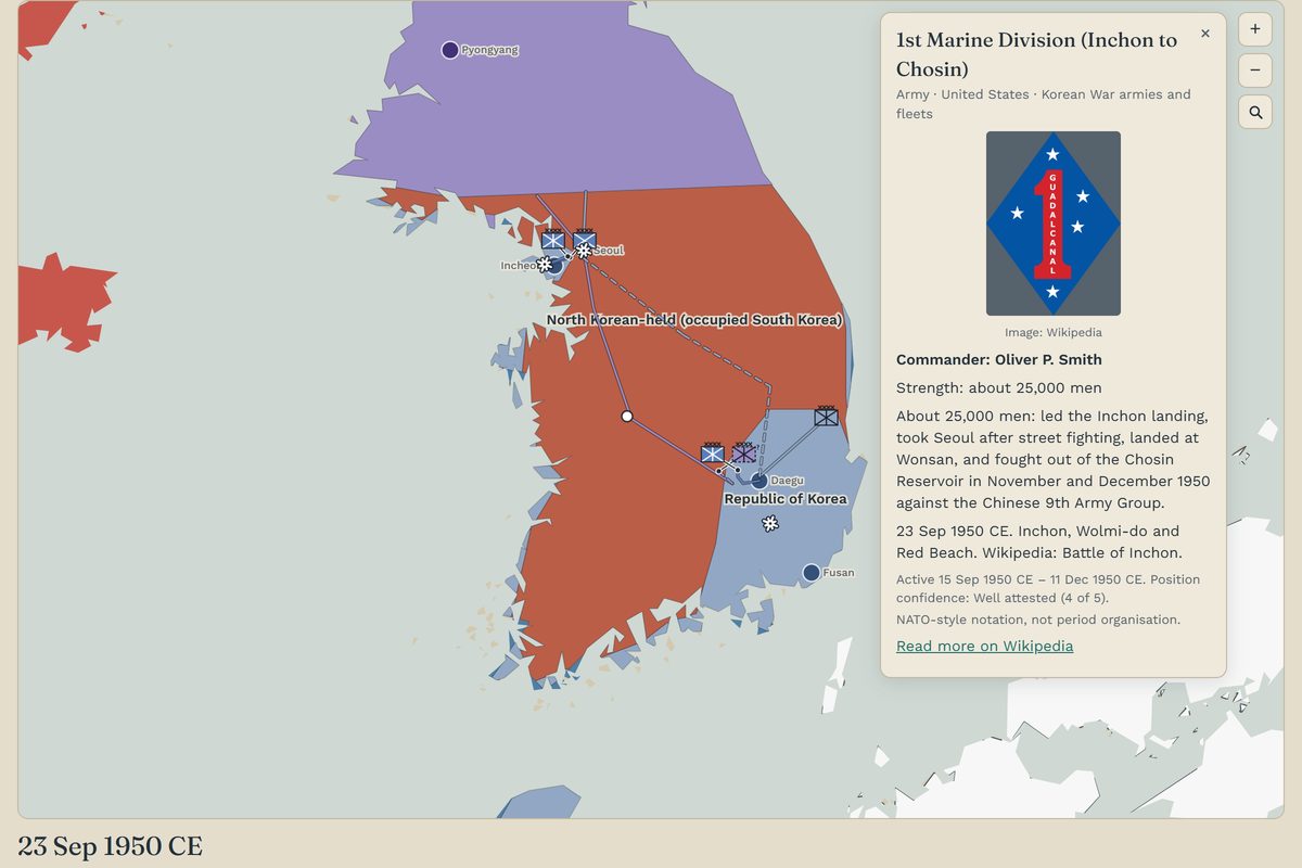 World History at 23 September 1950: the Korean peninsula with the Incheon landing, Seoul and the Busan Perimeter, and the 1st Marine Division selected